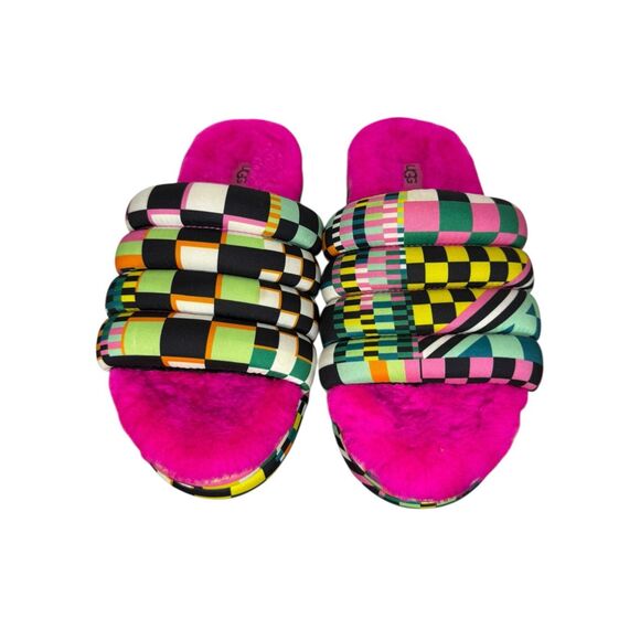 UGG Women’s 7 Maxi Checks Platform Slide Sandals Sheepskin Colorful Pink Fur - Picture 2 of 7